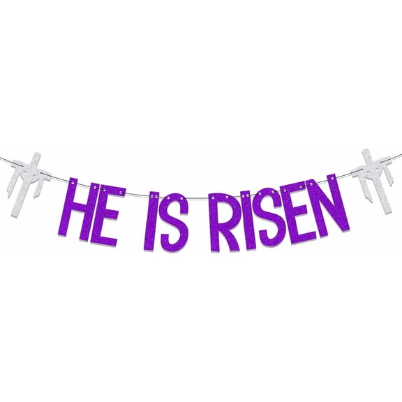 Purple Silver Glitter He Is Risen Banner with Cross Cutouts, Easter Christian Religious Party Decorations