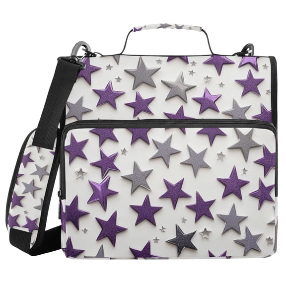 Purple Silver Stars Binder Bag with Shoulder Strap 3 Ring Zipper Binder File Folder Document Storage