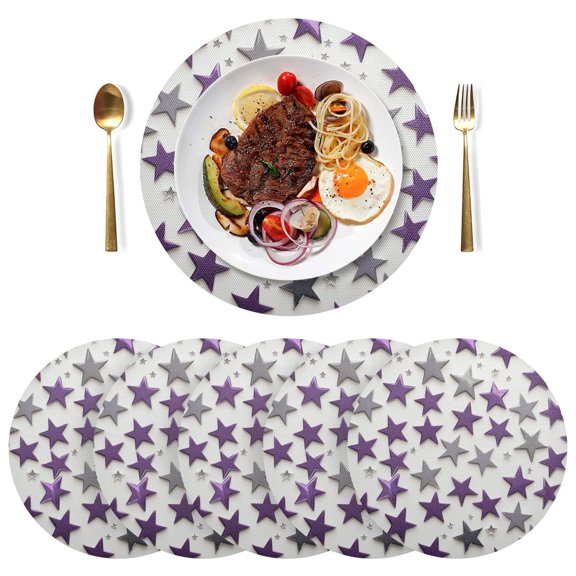 Purple Silver Stars PVC Round Grid Placemat Table Mat Set 6 Pcs 15.4" x 15.4"