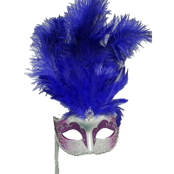 Purple Silver Stick Venetian Masquerade Mardi Gras Feather Mask