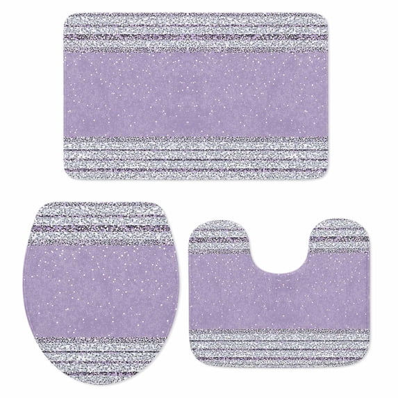 Purple Silver Stripes Bath Mat 3 Piece Bathroom Rug Set, Modern Ombre Abstract Aesthetic Non Slip Bath Rug Contour Mat and Toilet Lid Cover, Absorbent Shower Mats Soft Bath Rugs and Mats Sets