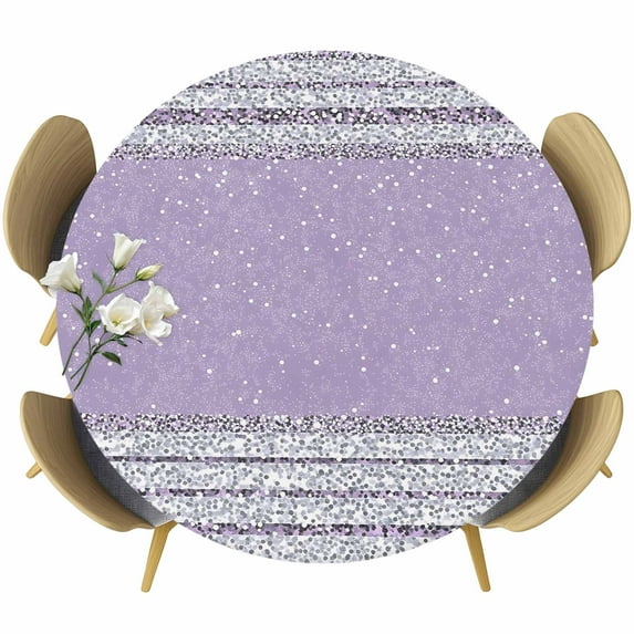 Purple Silver Stripes Round Tablecloth 45-54 Inch Round Fitted Table Cloth with Elastic Edge, Modern Ombre Abstract Aesthetic Waterproof Table Cover Protector for Outdoor Picnic Party Dining