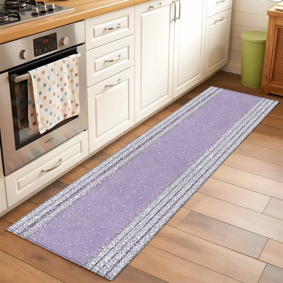 Purple Silver Stripes Runner Rug 2x6 FT, Non Slip Hallway Carpet, Modern Ombre Abstract Aesthetic Washable Soft Floor Carpet Throw Runner Carpet Long Rug for Entryway Kitchen Bedside Sliding Door