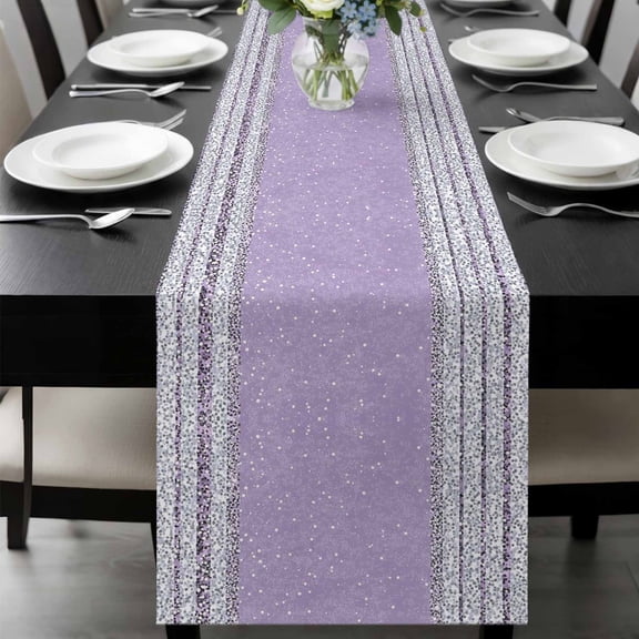 Purple Silver Stripes Table Runner 36 Inches Long, Modern Ombre Abstract Aesthetic Kitchen Coffee Dining Table Decoration for Home Party Birthday Wedding Home Decor 13x36 Inches