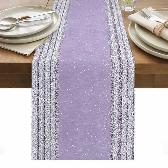 Purple Silver Stripes Table Runner - 60 Inch Long, Kitchen Dining Table Runner Dresser Scarves, Modern Ombre Abstract Aesthetic Farmhouse Decor for Coffee Tables Wedding Party Banquet