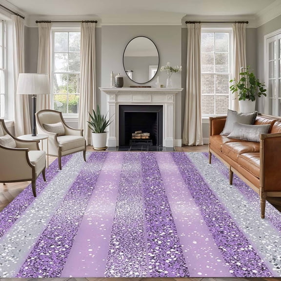 Purple Silvery 6'x9' Area Rug for Living Room, Geometric Ombre Stripe Boho Sparkling Dot Non-Slip Floor Mat Rugs for Bedroom Dining Room, Indoor Large Carpet for Classroom, Nursery Rugs for Playroom