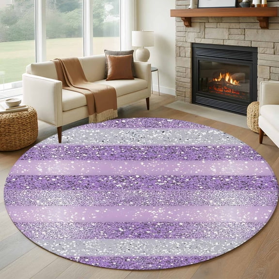 Purple Silvery 8' Round Area Rug, Geometric Ombre Stripe Boho Sparkling Dot Washable Non-Slip Large Circle Rugs for Living Room Bedroom, Soft Low Pile Rug Carpet for Dining Room Kitchen Farmhouse