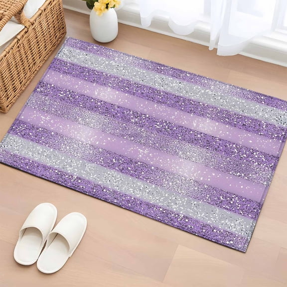 Purple Silvery Bathroom Rug Washable 2x3 Entryway Rug Non Slip Geometric Ombre Stripe Boho Sparkling Dot Front Door Mat Low Pile Indoor Doormat Throw Floor Carpet for Kitchen Bedroom Entrance