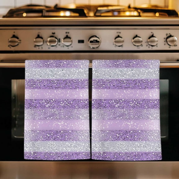 Purple Silvery Kitchen Towels Set of 1, Geometric Ombre Stripe Boho Sparkling Dot Absorbent Dish Towels for Kitchen, Microfiber Hand Towel, Quick Drying Tea Towel for Cleaning Decorative Dishcloths