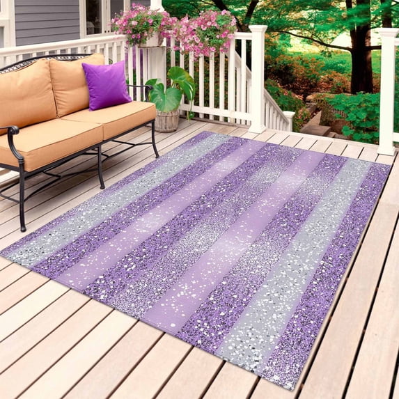 Purple Silvery Outdoor Rug for Patio/Deck/Porch, Non-Slip Large Area Rug 4 x 6 Ft, Geometric Ombre Stripe Boho Sparkling Dot Indoor Outdoor Rugs Washable Area Rugs, Camping Rug Carpet Runner