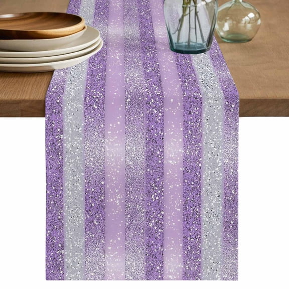 Purple Silvery Table Runner, Geometric Ombre Stripe Boho Sparkling Dot Washable Cotton Linen Table Runners 36 Inches Long, Dresser Scarf Runner for Nightstand/End Tables/Round Tables 13''x36''