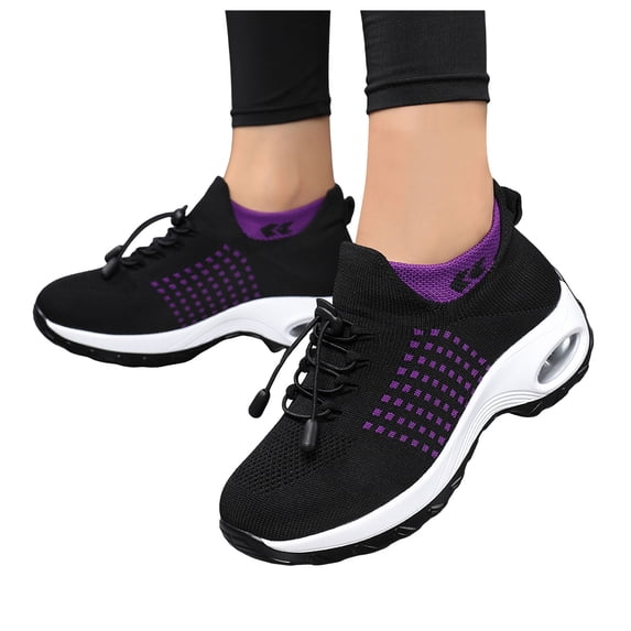Womens Lace Up Sneakers Breathable Orthopedic Comfortable Non Slip Walking Shoes Casual Stretchy Athletic Sock Shoes Purple Size 5.5