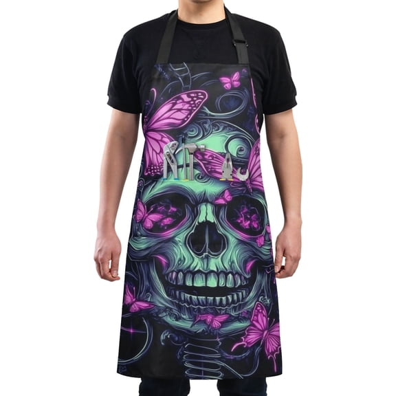Purple Skull Butterfly Chef Kitchen Apron with Pockets for Women Waterproof Aprons for Cooking Baking