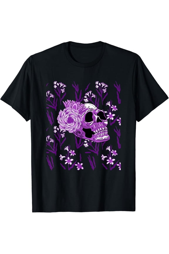 Purple Skull Flower Cool Floral Scary Halloween Gothic Theme T-Shirt