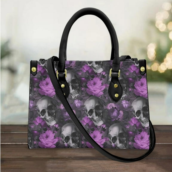 Purple Skull Flower Design Totes Female Halloween Gift Street Trend Commuter Handbag Top Handle Leather Shoulder Bag