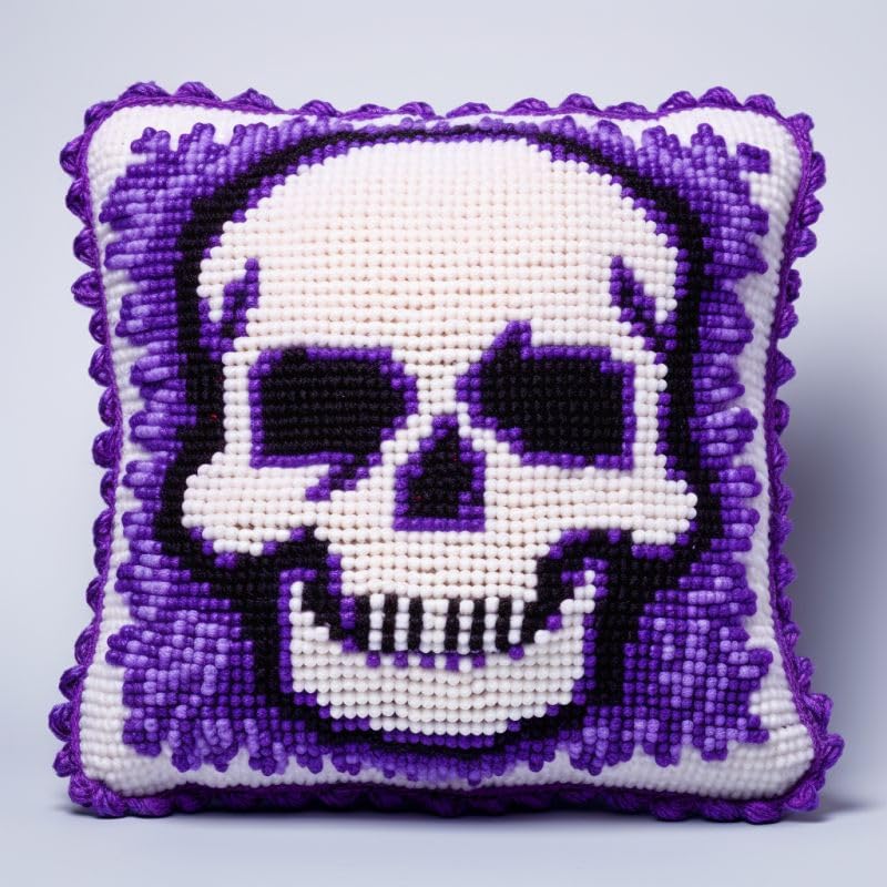 Purple Skull Latch Hook Pillow Kits Cover for DIY Cushion Cross Stitch Latch Hook Pillowcase Rug Kits with Preprinted Canvas Crochet Yarn Kits Needlework Crafts 17'' X 17''(98)