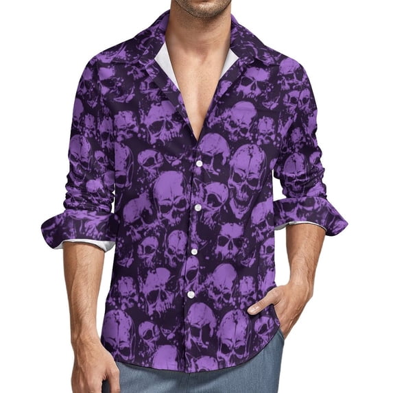 Purple Skull Shirt Men Halloween Print Casual Shirts Autumn Harajuku Custom Blouses Long Sleeve Fashion Oversized Clothing Gift