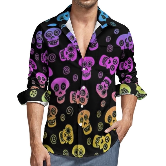 Purple Skull Shirt Men Halloween Print Casual Shirts Autumn Harajuku Custom Blouses Long Sleeve Fashion Oversized Clothing Gift