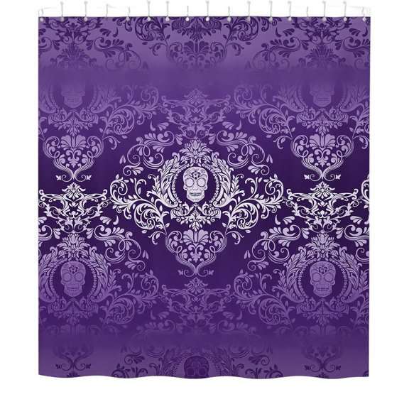 Purple Skull Shower Curtain with Sugar Skull Damask Pattern, 71 X 71 Inches, for Bathroom, Decorative Shower Curtain