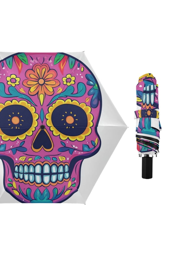 Purple Skull with Flowers All Weather Umbrella Triple Folding Parasol 6 Ribs UV Protection Portable