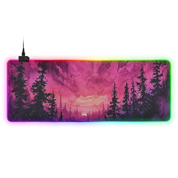 Purple Sky and Dark Forest RGB Gaming Mouse Pad Large Keyboard Mat Rubber Base 13 Light Modes