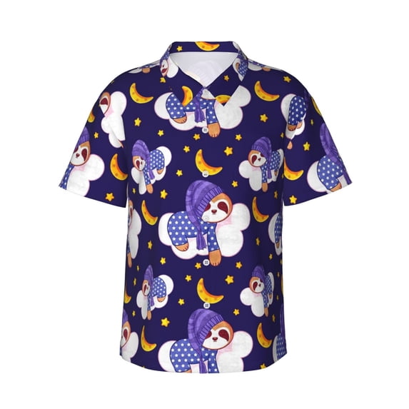Purple Sloth Hawaiian Shirts For Men, Summer Short-Sleeve Relaxed-Fit Button-Down Shirts Small