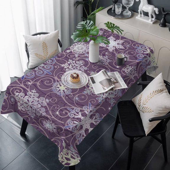 Purple Snowflake Christmas Table Cloth Waterproof Tablecloths, Xmas Snowflake Winter Tablecloth Dining Table Cover for Kitchen Party Tabletop Outdoor, Rectangle Tablecloth 60x120 Inch