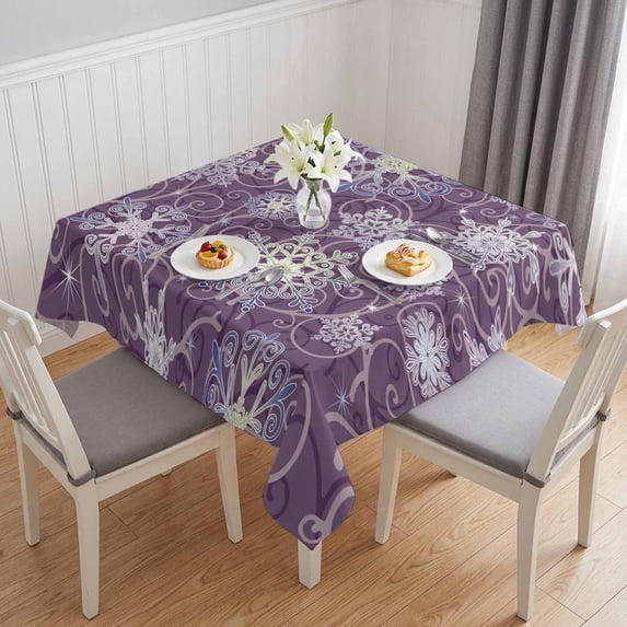 Purple Snowflake Christmas Table Cloth Waterproof Tablecloths, Xmas Snowflake Winter Tablecloth Dining Table Cover for Kitchen Party Tabletop Outdoor, Square Tablecloth 54x54 Inch