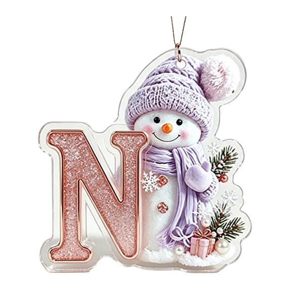 Purple Snowman Letter Ornament, Flat Acrylic Single Initial Pendant, Xmas Snowman Letter Hanging Decor for Christmas Tree