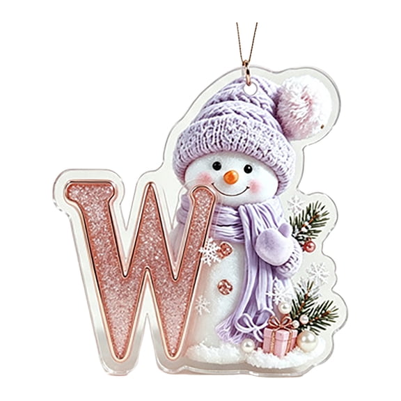 Purple Snowman Letter Ornament, Flat Acrylic Single Initial Pendant, Xmas Snowman Letter Hanging Decor for Christmas Tree