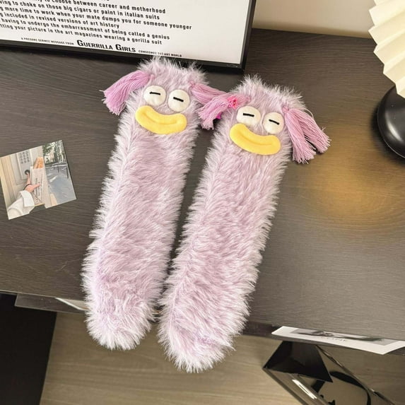 Purple Socks Women's Solid Color Funny Cute Cute Big Eyes Thickened Warm Plush Middle Tube Socks