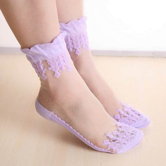 Purple Socks for Women's Fashion Casual Invisible Long Lace Breathable Socks on Sale Clearance