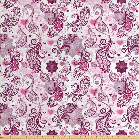 Ambesonne Purple Fabric by the Yard Upholstery, Romantic Birds Flowers, 3 Yards, Mauve Plum Pink