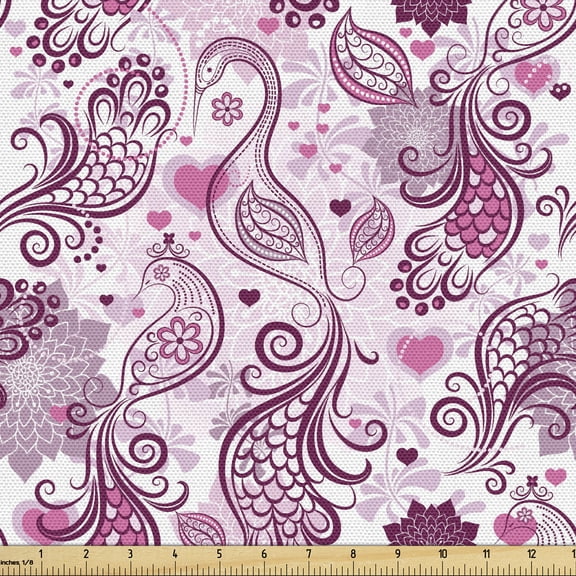 Ambesonne Purple Fabric by the Yard Upholstery, Romantic Birds Flowers, 1 Yard, Mauve Plum Pink
