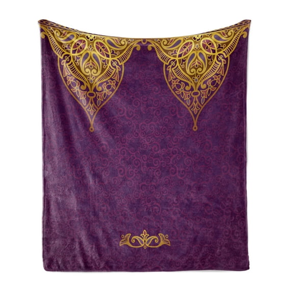 Purple Soft Flannel Fleece Blanket, East Oriental Royal Palace Patterns with Bohemian Style Art Traditional Wedding, Cozy Plush for Indoor and Outdoor Use, 50" x 70", Purple Yellow, by Ambesonne