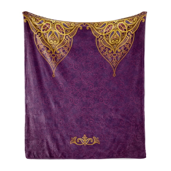 Purple Soft Flannel Fleece Blanket, East Oriental Royal Palace Patterns with Bohemian Style Art Traditional Wedding, Cozy Plush for Indoor and Outdoor Use, 70" x 90", Purple Yellow, by Ambesonne