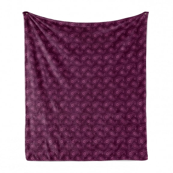 Purple Soft Flannel Fleece Blanket, Ornamental Curved Abstract Paisley Boteh Persian Cucumbers Teardrop Oriental Pattern, Cozy Plush for Indoor and Outdoor Use, 50" x 70", Plum Pink, by Ambesonne