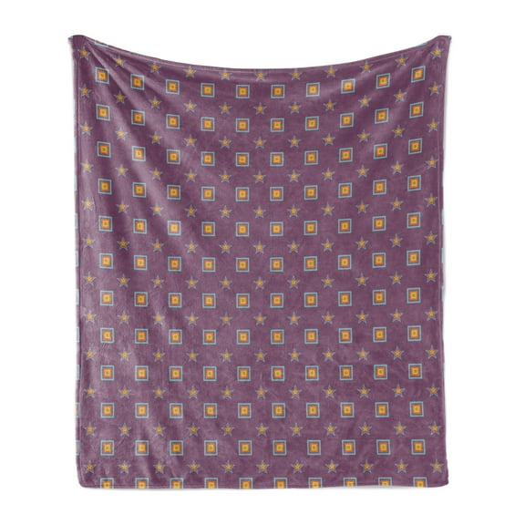 Purple Soft Flannel Fleece Blanket, Ornamental Geometrical Nested Square Star Motif Repetitive Pattern, Cozy Plush for Indoor and Outdoor Use, 50" x 70", Pale Eggplant and Multicolor, by Ambesonne