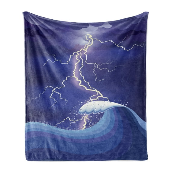Purple Soft Flannel Fleece Throw Blanket, Heavy Storm in the Ocean Dark Thunder Scenery Cartoon with a Huge Wave, Cozy Plush for Indoor and Outdoor Use, 50" x 70", Purple Blue and White, by Ambesonne