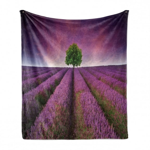 Purple Soft Flannel Fleece Throw Blanket, Romantic Lavender Fields Panoramic View Print Tree and Violet Sky Picture, Cozy Plush for Indoor and Outdoor Use, 50" x 60", Purple and Green, by Ambesonne