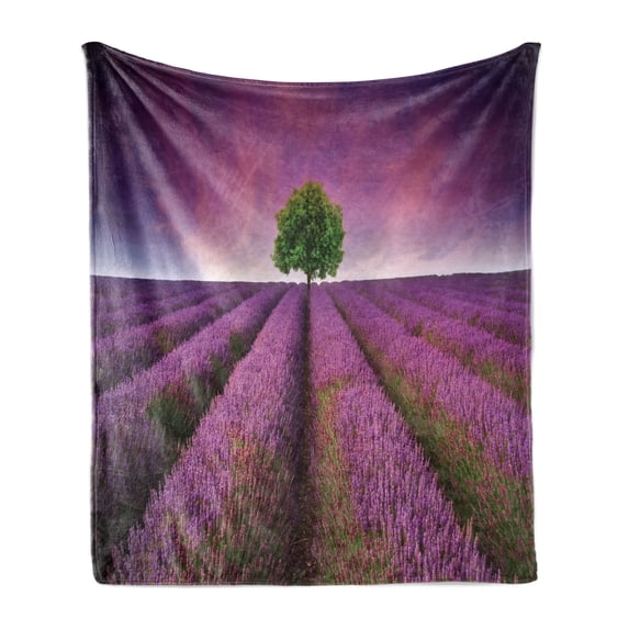 Purple Soft Flannel Fleece Throw Blanket, Romantic Lavender Fields Panoramic View Print Tree and Violet Sky Picture, Cozy Plush for Indoor and Outdoor Use, 60" x 80", Purple and Green, by Ambesonne