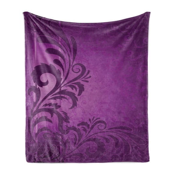 Purple Soft Flannel Fleece Throw Blanket, Spiral Floral Branch Leaves on the Vertical Border Retro Style Abstract Design, Cozy Plush for Indoor and Outdoor Use, 70" x 90", Purple Plum, by Ambesonne