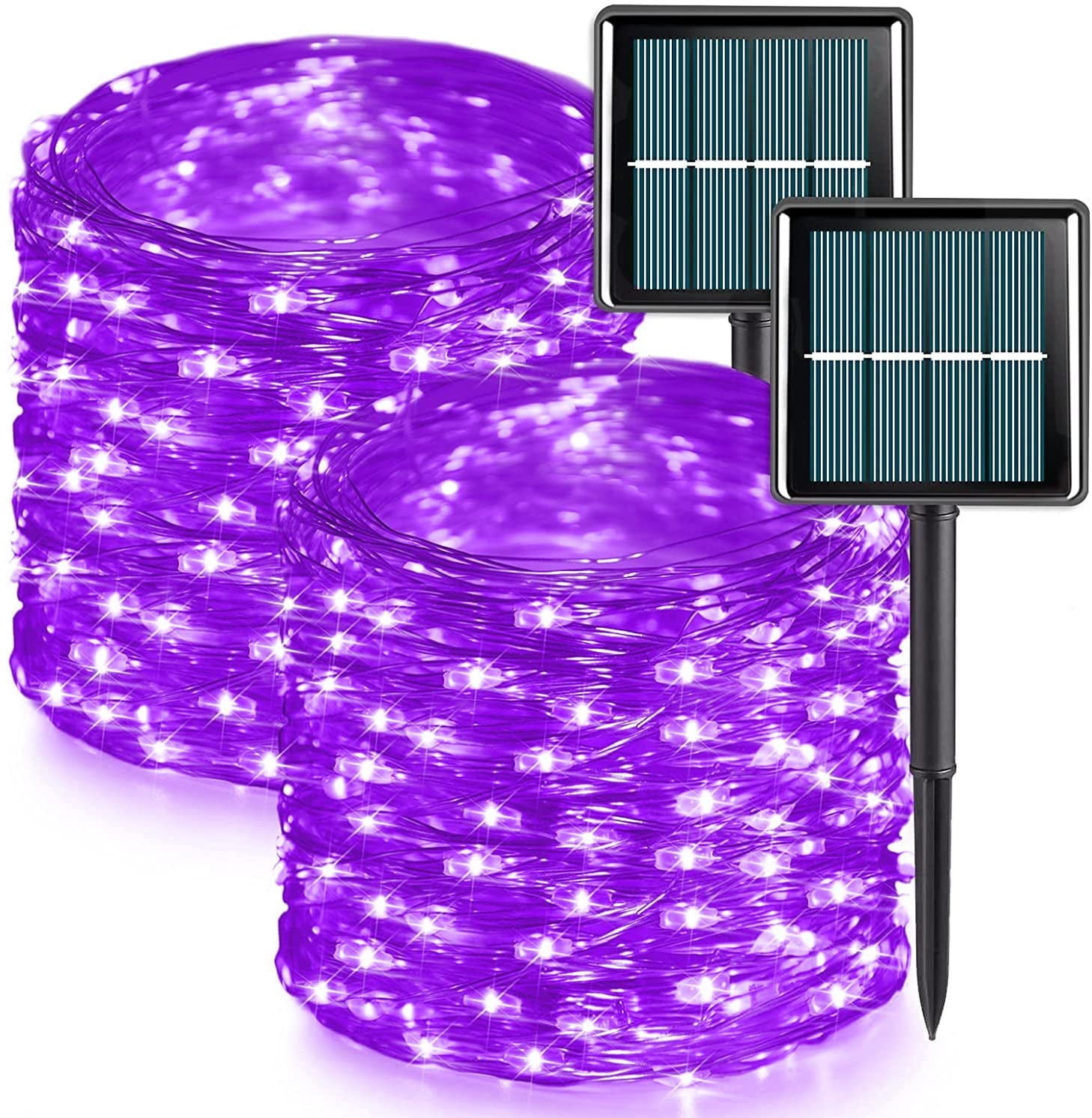 Purple Solar Fairy Lights Outdoor Waterproof, 2 Pack Each 33ft 100 LED Solar String Lights, 8 Modes Silver Wire Solar Twinkle Lights for Halloween Christmas Patio Garden