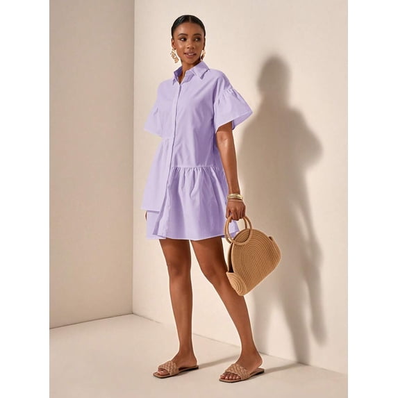 Purple Solid Front Button Ruffle Hem Short Sleeve Shirt Dress For Women