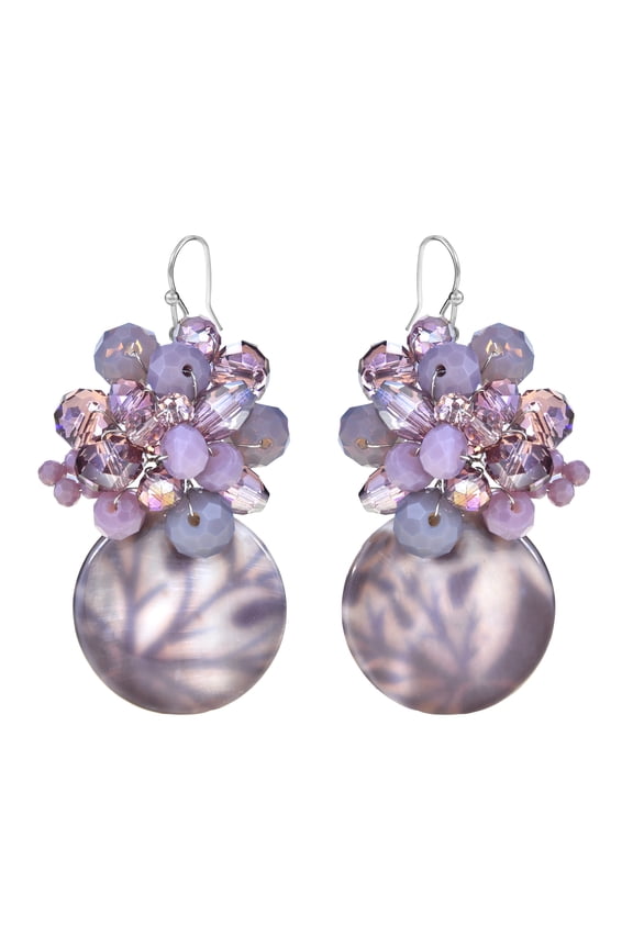 Purple Sparkle Colored Round Seashell and Crystal Bead Dangle Earrings