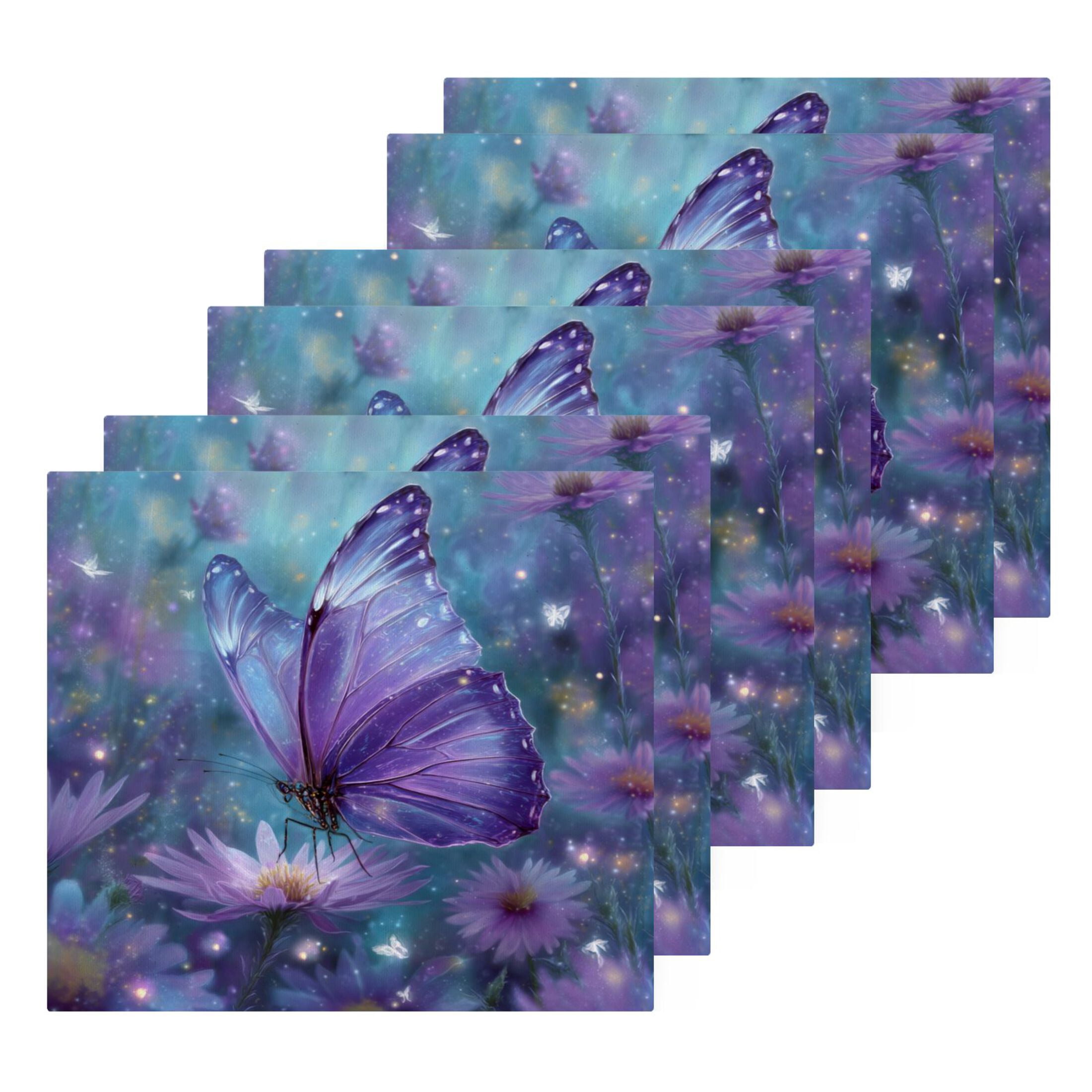 Purple Sparkling Butterfly 100% Cotton Face Towel 12x12in Soft Absorbent Washcloth Durable Printed Hand Towels for Bathroom Travel 6 Pcs