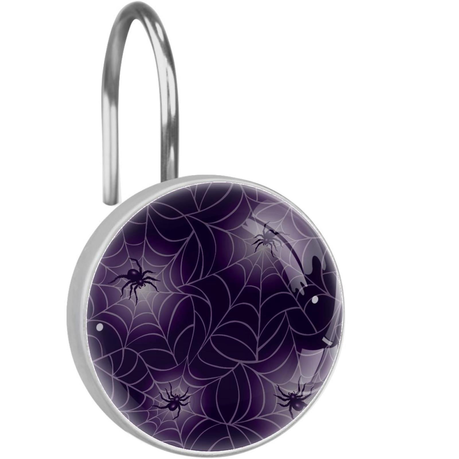 Purple Spider Web Pattern Shower Curtain Hooks（Set of 12）for Home Hotel Shower Rods Bathroom Crystal Glass Print Stainless Steel Round Curtain Hooks