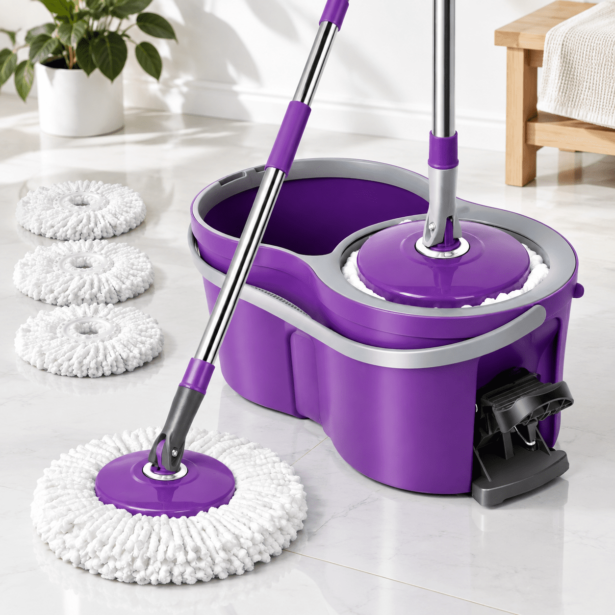 Meat Mop Purple Spin Mop and Bucket Set with Wringer for Compact Space Cleaning ...