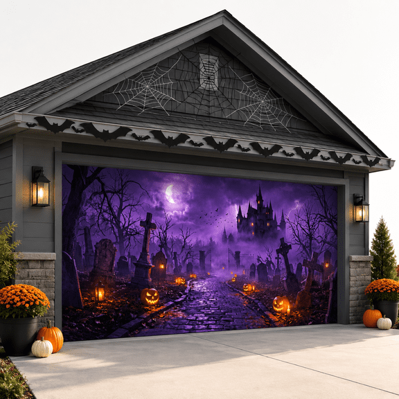 Purple Spooky Haunted Cemetery Garage Door Cover Decoration, 7 x 16 Ft