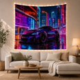 thumbnail image 1 of Purple Sports Car Beneath Neon Skyscrapers, Dramatic Digital Art for Vehicle Fans, City Night Decor, Housewarming Gift, Tapestry Wall Hanging for Gaming Room and Studio, 1 of 7